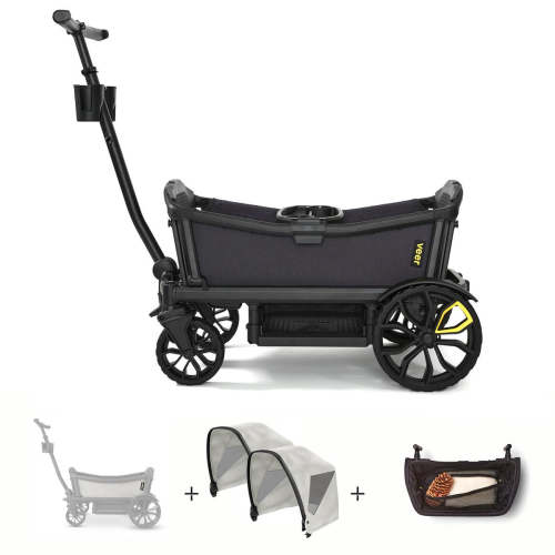 Veer All-Terrain Cruiser (2 Seater) Stroller Wagon + Sidewall Kit + 2 Canopy + Basket Bundle - Savannah White