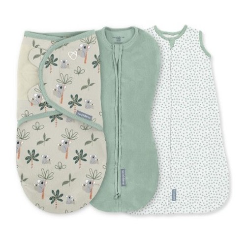 SwaddleMe by Ingenuity Baby Comfort 3pk Swaddle Wraps - Koala Trees 0-3m: Cotton, Classic Fit, Long Sleeve, Front Hook and Loop Fastener