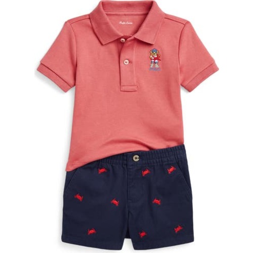 Crab Embroidered Cotton Polo & Shorts Set, 18M
