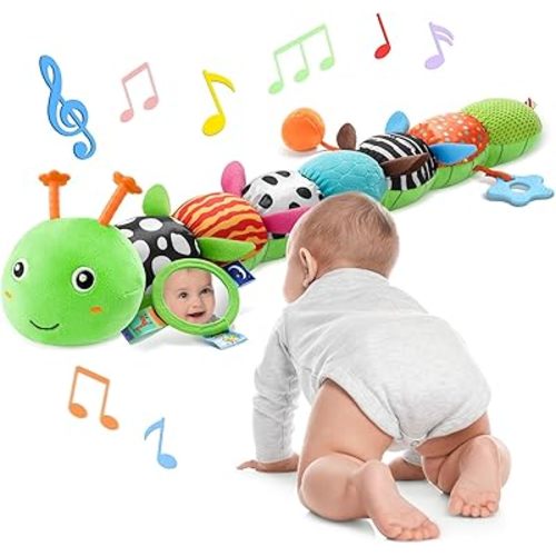 Baby Toys 6-12 Months Music Caterpillar Infant Toys Stuffed Animals 0-3-6 Months Tummy Time Teething Sensory Toys with Mirror Rattle&Pull String for Boys Girls Birthday Gifts|Grass Green,Leafy