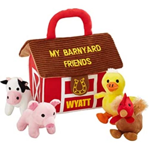 Let's Make Memories Personalized Barnyard Friends Plush Playset – 4 Soft & Squeaky Animals – Kids Travel Toy – Customize with Name – 7”L x 5”W x 6”H