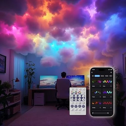 USB Thundercloud LED Light, DIY RGB+IC Chasing Music Sync 3D Cotton Ceiling Cloud Lights with APP and Remote Control for Kids Room Decor (RGB+IC, 16.4ft)