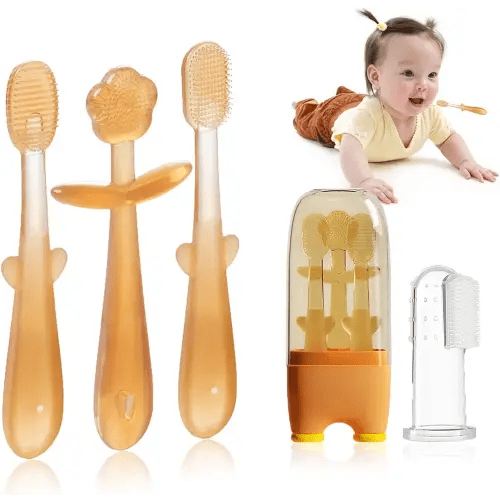 FOKiiBO Baby Silicone Toothbrush Set, Toothbrush + Tongue Brush + Baby Teether + Finger Toothbrush with Cup for Training Teething, 0-18M Infant Toddler Newborn Baby Teeth Brushes (Amber)