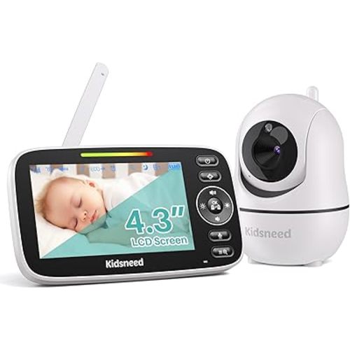 Kidseneed Baby Monitor, 4.3" Split Screen, 20 Hours Battery Life Baby Monitor with Camera and Audio|Remote PTZ, Two-Way Audio, Zoom, Night Vision, Lullabies, 960ft Long Range (Open Space)