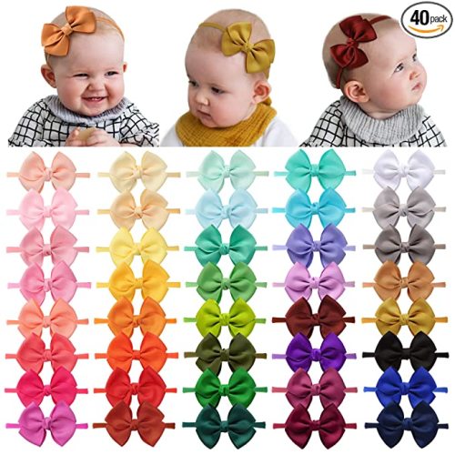 40 Pieces Baby Girls Headbands Nylon Hairband Grosgrain Ribbon Hair Bows Handmade Hair Accessories for Newborn Infant Toddler Kids