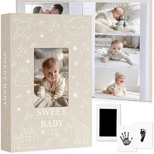 Baby Photo Album 4x6 300 Pockets with Memo Area & Hand and Footprint Kit, Linen Cover Slip-in Memory Book with Front Window, Acid-Free Keepsake for Newborn Boy Girl, First Year Moments