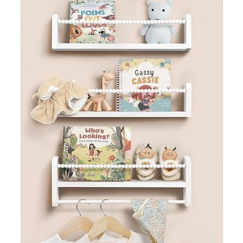 Nursery Book Shelves for Wall Set of 3, White Natural Wood Bookshelf Wall Decor, Small Floating Shelf Organizer for Kids Room, Bedroom, Kitchen Spice Rack