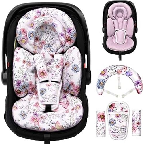 Infant Car Seat Insert with Extra Cushion for Preemie to Toddler, Reversible Newborn Carseat Insert for Baby Head Body Support, Fits for Stroller, Baby Swing, Bouncer (Purple Wildflower)