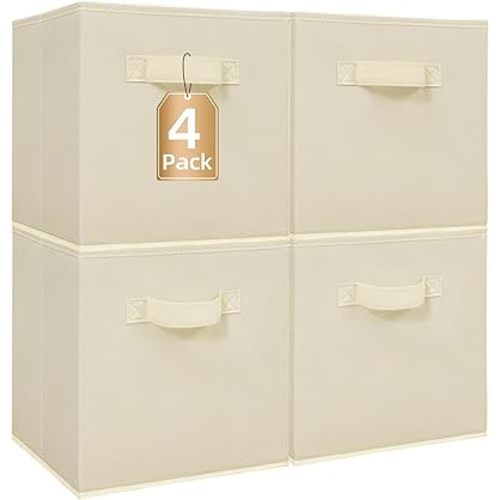 STORAGE MANIAC Storage Cubes, 11 Inch Collapsible Storage Bins with Handles, 4 Pack Fabric Foldable Bins for Organization, Durable Storage Bins for Closet, Shelves, Offices, Toys, 4-Pack Beige