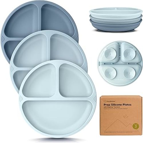 KeaBabies Suction Plates for Baby, Toddler - 3-Pack 100% Silicone Toddler Plates, Divided Baby Plates with Suction, Silicone Plates for Baby, Kids, BPA-Free, Microwave, Dishwasher Safe (Alps)