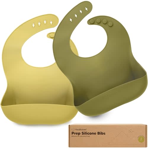 KeaBabies 2-Pack Silicone Baby Bibs for Eating - Sturdy Food-Grade Silicone Bibs for Babies Girl, Boy, Large Food Catcher, Clean & Put On Easily, Waterproof Toddler Feeding Essentials (Olives)