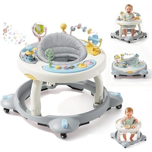 Baby Walker with Wheels,3-in-1 Foldable Infant Walker for Baby 6-12 Months,360° Rotating Seat with Activity Center,Baby Walker for Boys Girls with Musical Toys(Grey)