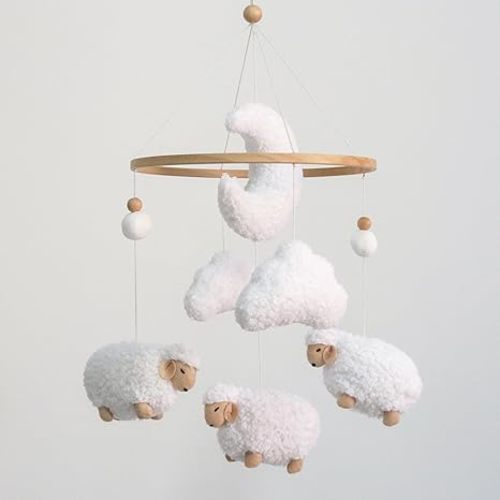 Sheep Baby Mobile for Crib, Cloud Baby Crib Mobile for Girls & Boys, Neutral Crib Toys Hanging, Lamb Baby Mobile for Bassinet, Nursery Decor - Pure White