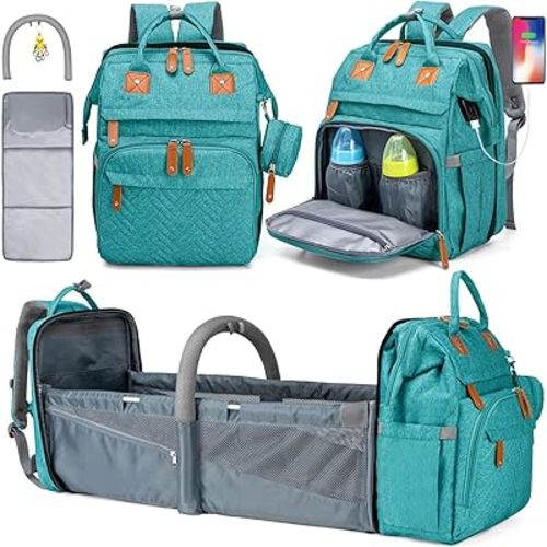 KABAQOO Diaper Bag Backpack, Large Baby Diaper Bags for Boys Girls, Baby Bag with USB Charging Port, Multifunction Waterproof Travel Back Pack for Moms Dads, Lake Blue