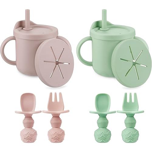 PandaEar 2 Pack Silicone Baby Straw & Snack Cup with 2 Spoons 2 Forks, Dual-Purpose Toddler Training Cups, Pink Green
