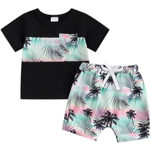 Karwuiio Toddler Baby Boy Summer Outfit Short Sleeve T-Shirt Tops Elastic Waist Shorts Set Baby Boys Clothes