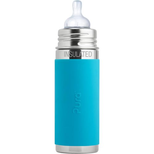 Pura Kiki 9oz/260ml Stainless Steel Insulated Anti-Colic Infant Bottle w/Silicone Medium-Flow Nipple & Sleeve, 100% Plastic-Free, MadeSafe Certified, for Kids, Toddlers, Babies & Infant - Aqua