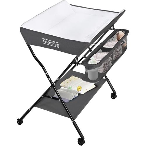 Kinder King Portable Baby Changing Table w/Wheels, Adjustable Height Folding Infant Diaper Station, Mobile Newborn Nursery Organizer, Large Storage Rack, Grey