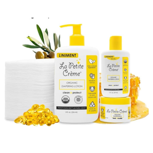La Petite Creme Premium French Diapering Gift Set: Includes Organic Diapering Lotion (8 oz), Travel-size Liniment Baby Lotion (2 oz), 1 Travel-size Diaper Balm (1 oz), 50 Disposable Cotton Pads