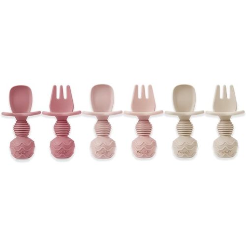 PandaEar 6 Pack Silicone Baby Spoons and Fork Feeding Set- Anti-Choke First Self Feeding Utensils for Baby Led Weaning Ages 3 Months -Pink