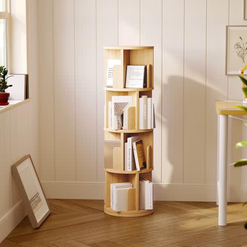MXV Rotating Bookshelf, 360 Display 4 Tier, Small Bookshelf for Small Space, Floor Standing Bookcase Storage Rack, Wood Narrow Book Shelf Organizer for Bedroom, Living Room, Wood
