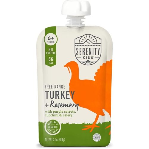 Serenity Kids 6+ Months Baby Food Pouches Puree Made With Ethically Sourced Meats & Organic Veggies | 3.5 Ounce BPA-Free Pouch | Free Range Turkey & Rosemary, Purple Carrot, Zucchini | 12 Count
