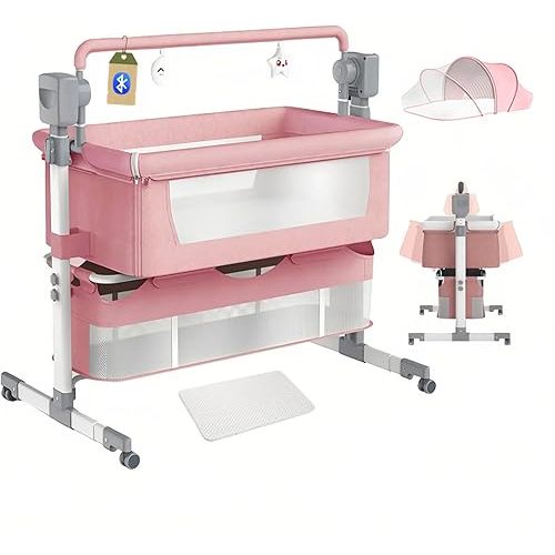 Electric Baby Crib Co-Sleeping Baby Bassinets, Convertible Baby Bedside Crib, Foldable Newborn Bedside Bed, and Portable Cradle with Mattress and Bluetooth Music Speaker(Pink)