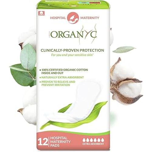Organyc Hospital Postpartum Pads, 100% Certified Organic Cotton Inside and Out for Women, for First Days After Delivery, 12 Counts