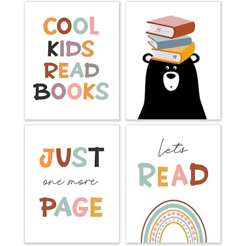 BESERH Nursery Book Wall Art Prints Set of 4 - Kids & Classroom Decor, Unframed 8x10 Inches