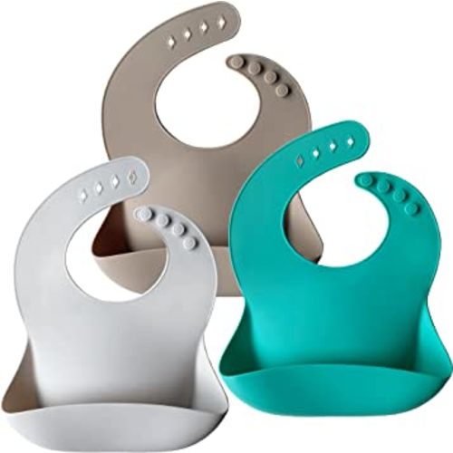 Moonkie Silicone Baby Bibs Set Of 3, BPA Free Soft Adjustable Fit Waterproof Feeding Bibs for Babies and Toddlers(Kallaite/Lunar Grey/Offwhite)