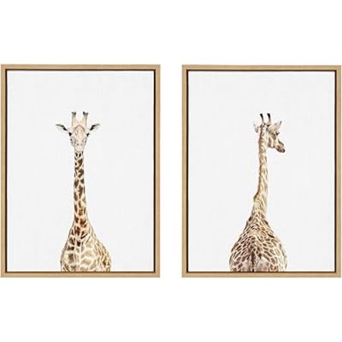 Kate and Laurel Sylvie Giraffe Front and Back Framed Canvas Wall Art Set by Amy Peterson Art Studio, 2 Piece 18x24 Natural, Decorative Zoo Animal Wall Decor