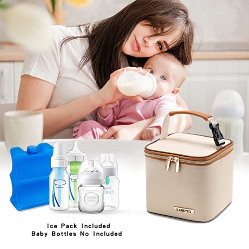 Breastmilk Cooler Bag with Ice Pack Fits 4 Baby Bottles Up to 5 Ounce, Baby Bottle Cooler Bag Great for Nursing Mom Daycare, Cream - Fits 5 Oz Baby Bottles