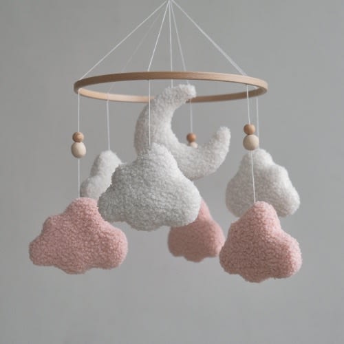 Boucle cloud baby girl mobile, Baby mobile crib, Cloud nursery decor, Pregnancy gift, Crib mobile, Handmade mobile, Boho baby mobile