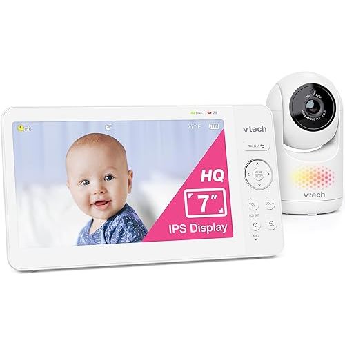 VTech Advanced HQ Max 7" Digital Video Baby Monitor with Pan Tilt Zoom, Long Battery Life 5000mAh, IPS Screen, Touch Control Multi-Color Night Light, 2-Way Talk, HQ Display, Lullabies, No WiFi, White
