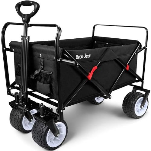 BEAU JARDIN Collapsible Folding Wagon 350 Pound Foldable Beach Wagon Cart with Big Wheels Heavy Duty Utility Grocery Wagon with Side Pocket for Camping Garden Sports Black