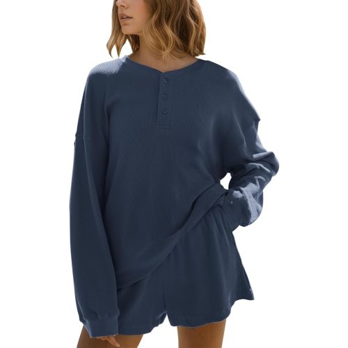 Womens Waffle Knit Lounge Sets, 2 Piece Oversized Long Sleeve Sweatshirt and High Waisted Shorts Fall Matching Set