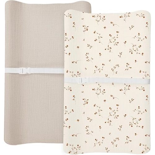 Changing Pad Cover for Baby Boy Girl 2 Pack, Muslin Changing Table Pad Covers with Boho Style, Neutral Nursery Bedding Essentials Soft and Breathable (Flower H & Beige)