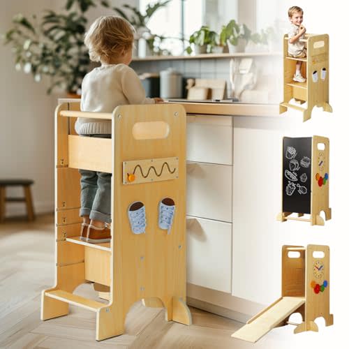 JUZBOT Toddler Tower 4 in 1 Toddler Kitchen Stool Helper Adjustable Standing Tower for Kitchen Counter with Safety Board, Slide, Chalkboard, Montessori Activities