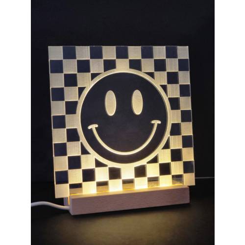Checkered smiley acrylic and wood led lamp