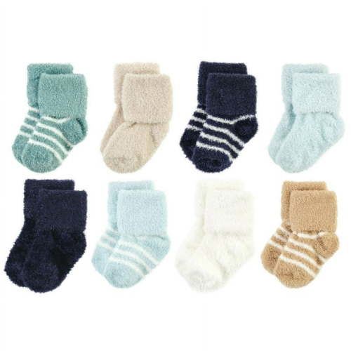 Hudson Baby Infant Boy Cozy Chenille Newborn and Terry Socks, Navy Mint Stripe, 6-12 Months
