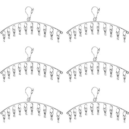 Clothes Hanger with 10 Clips Laundry Drying Rack 6 Pack, Clothes Drying Rack Stainless Steel Sock Hangers Windproof Clip and Drip Hanger for Drying Socks, Bras, Towel, Underwear, Baby Clothes