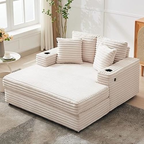 Oversized Chaise Lounge Chair Indoor, 54 Inch Upholstered Sofa Bed with Throw Pillows and Armrests, Comfy Corduroy Sleeper Couch for Living Room, Bedroom, Office, Beige