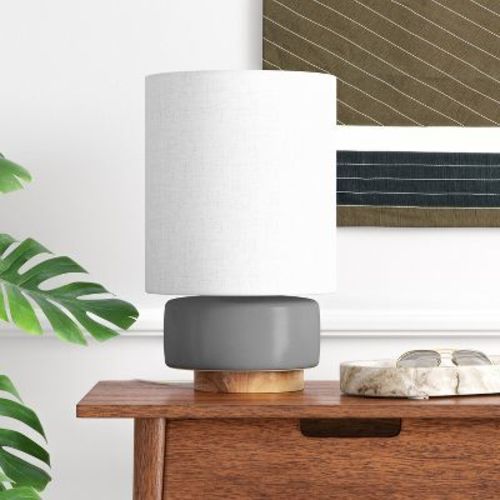 17"x9.5" Ceramic Table Lamp With Wood Base - Threshold™: Linen Shade, No Assembly Required