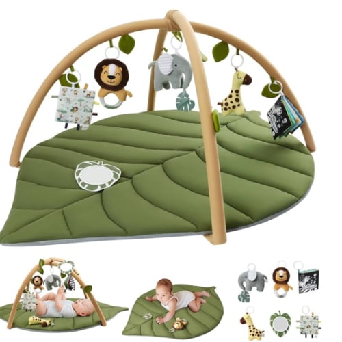 Blissful Diary Baby Play Gym & Activity Mat, Oversize Leaf Shaped Baby Play Mat w 6 Detachable Toys, Tummy Time Mat Promote Motor Skills & Sensory Development Mat, Newborn Infant Baby Essentials Gift