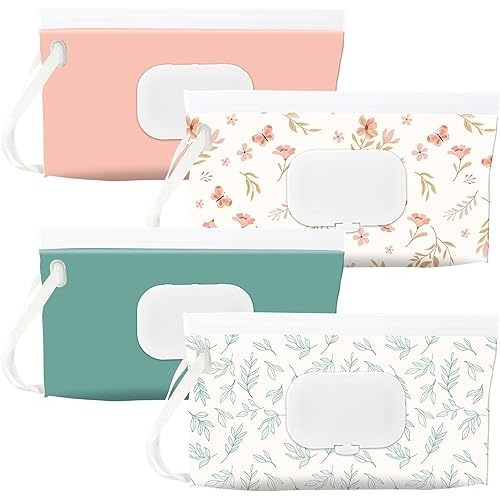 FEBSNOW 4 Pack Baby Wipes Dispenser Holder, Portable Refillable Baby Wet Wipes Pouch Container Reusable Travel Case for Outdoor Hiking, Green Leaves