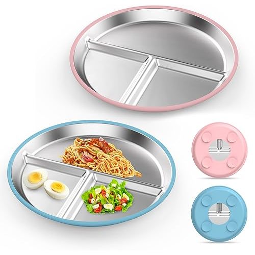Stainless Steel Kids Plates (2 Pack): 9" Divided Plates with Silicone Suction for Babies, Unbreakable Dinner Dishes for Toddlers, Non Toxic, BPA Free, Anti-Slip, Dishwasher Safe (Bule & Pink)
