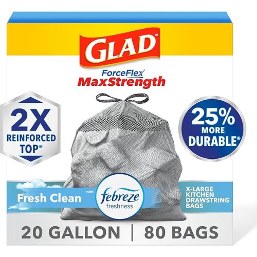Glad ForceFlex MaxStrength XL Kitchen Trash Bags, 20 Gal, Fresh Clean, 80 Ct (Package May Vary)