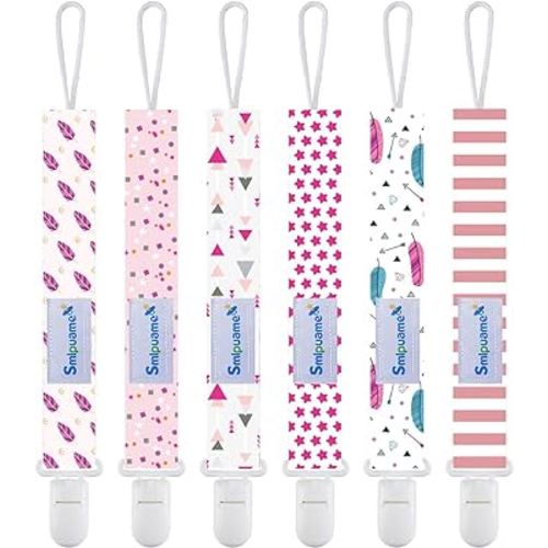 Smlpuame Pacifier Clip Girl,6 Pack Stylish Binky Clips Strap for Baby Girls,Paci Holder with Clip Lightweight Universal Fits Most Pacifiers Teether Toy Teething Ring Soothie,Baby Gifts(Pink)