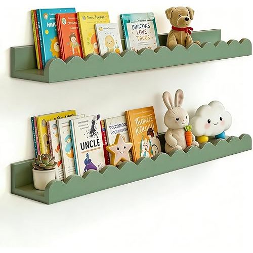 icnjdMopclean Nursery Book Shelves 20Inches, Scalloped Floating Shelves for Bedroom Kids, Nursery Shelves for Wall 2 Pack, Scalloped Shelf for Toddler Room, Baby Room, Sage, Large