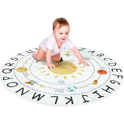ABC Round Rug Colorful 4ft Kids Alphabet Rug Soft Educational Solar System Rug Washable Nursery Rug Non-Slip Round Kids Mat Decorative Circle Letter Rug Round Nursery Carpet for Bedroom Floor